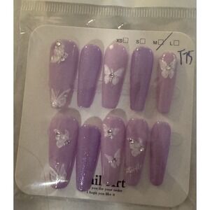 Glitter Purple Coffin Press On Nail With White Butterfly‎ Design